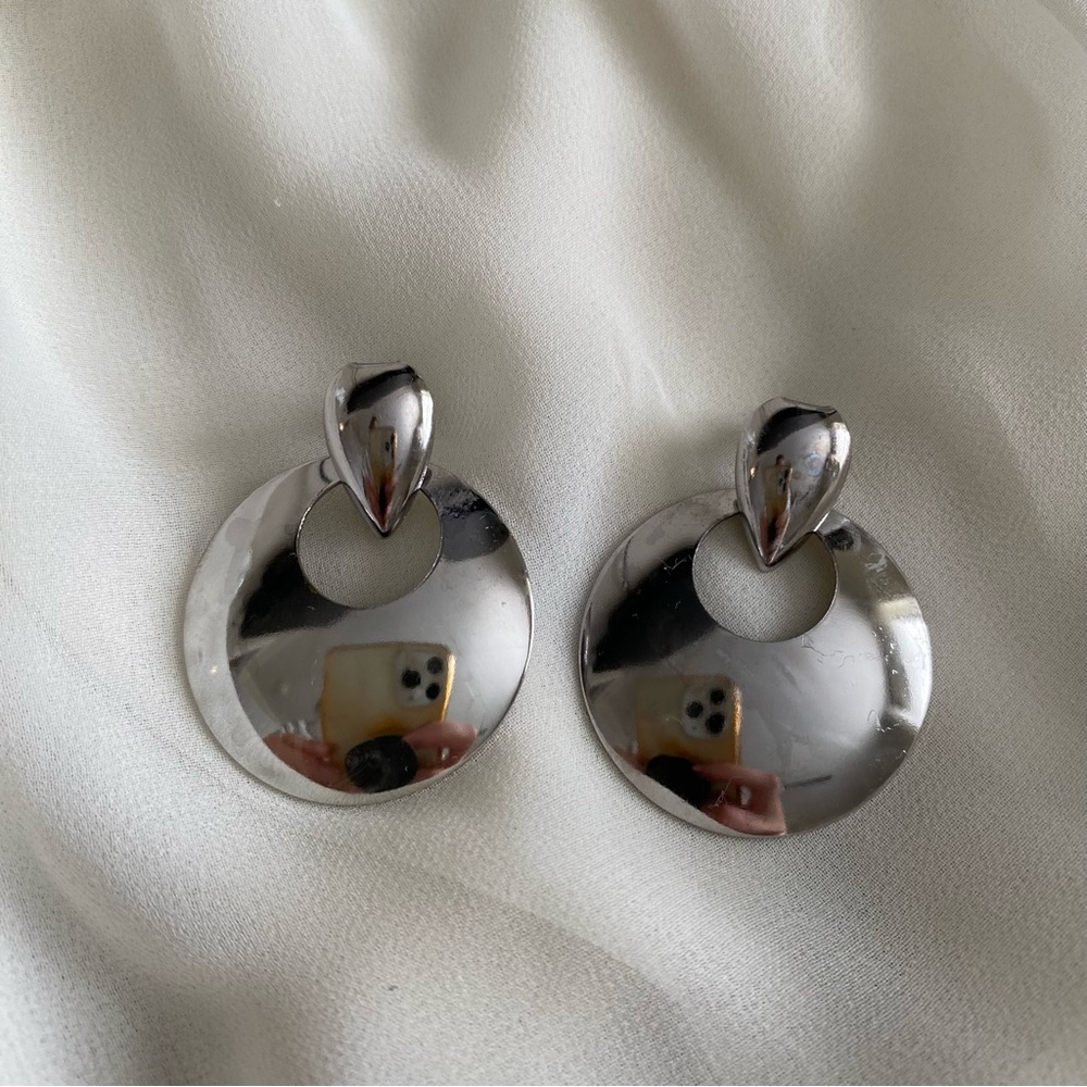VTG Silver‑Tone Teardrop & Disc Statement Earrings
